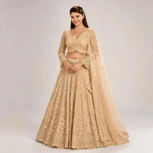 Beige_Cotton_Lehenga_Blouse_And_Dupatta_For_Women