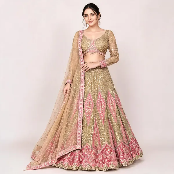 Beige_With_Pink_Cotton_Lehenga_Blouse_And_Dupatta_For_Women