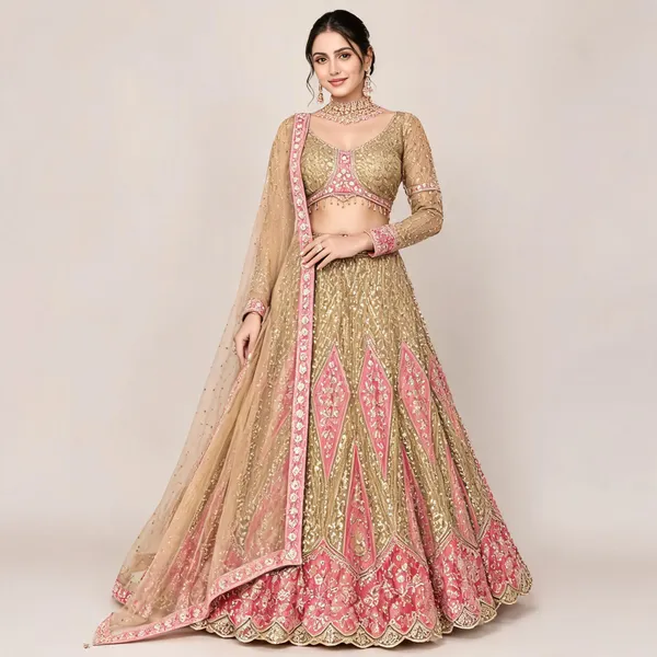 Beige_With_Pink_Cotton_Lehenga_Blouse_And_Dupatta_For_Women