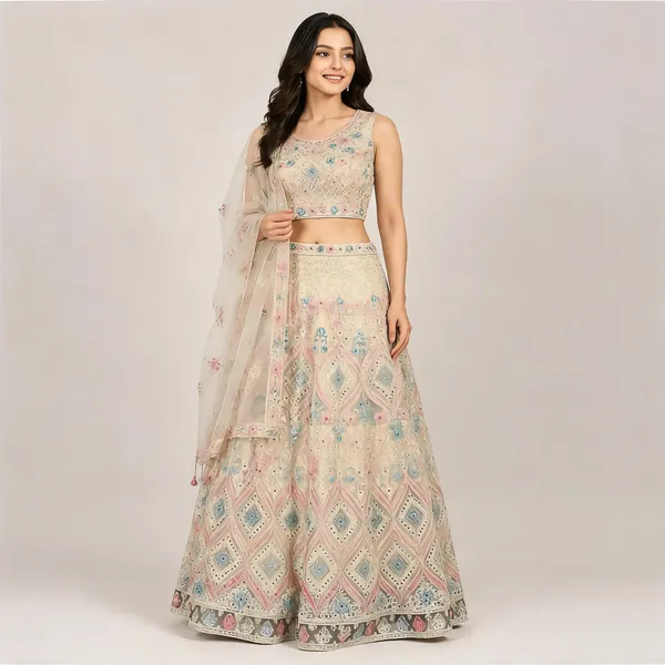 Beige_Cotton_Lehenga_Blouse_And_Dupatta_For_Women