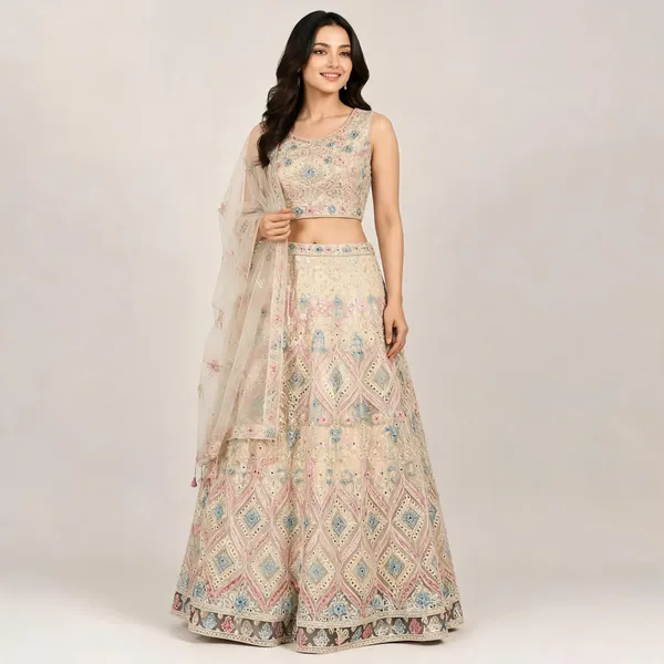 Beige_Cotton_Lehenga_Blouse_And_Dupatta_For_Women