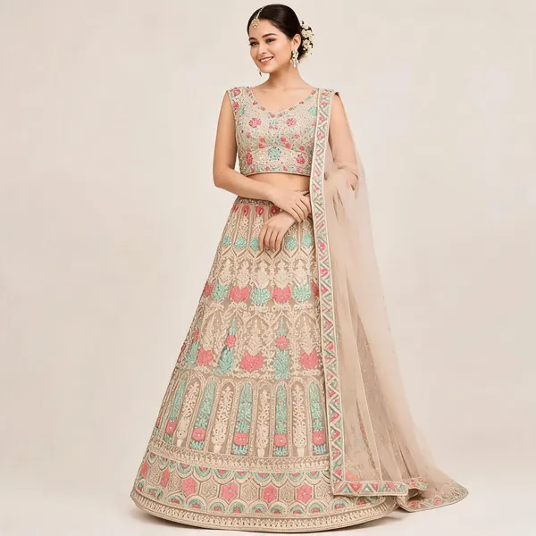 Beige_Cotton_Lehenga_Blouse_And_Dupatta_For_Women