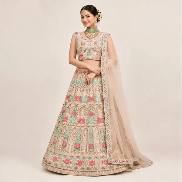 Beige_Cotton_Lehenga_Blouse_And_Dupatta_For_Women