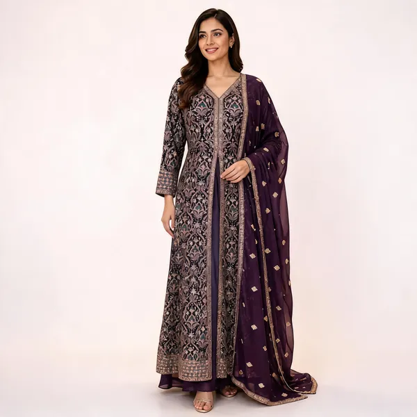 Wine_Georgette_Kurta_Set_For_Women