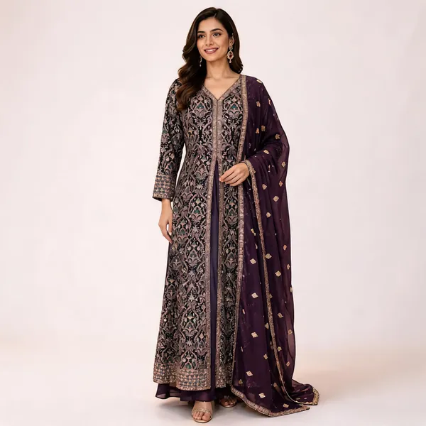 Wine_Georgette_Kurta_Set_For_Women