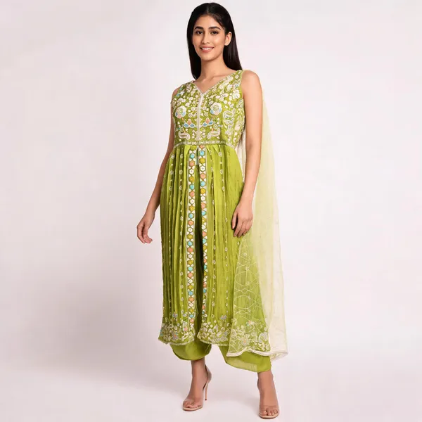 Green_Vichitra_Kurta_Set_For_Women
