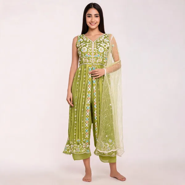 Green_Vichitra_Kurta_Set_For_Women