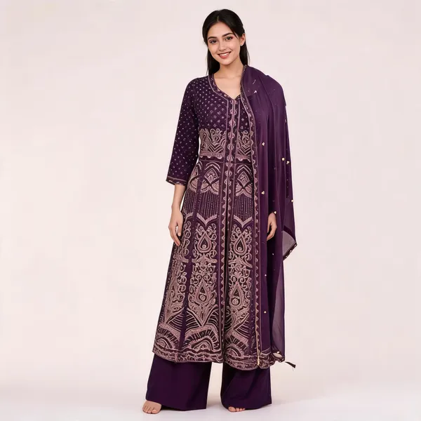 Wine_Georgette_Kurta_Set_For_Women