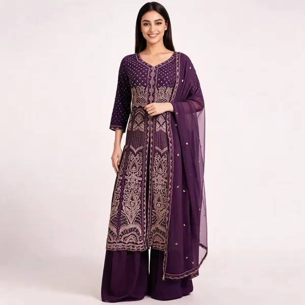 Wine_Georgette_Kurta_Set_For_Women