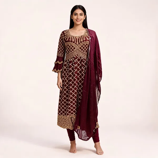 Wine_Georgette_Kurta_Set_For_Women