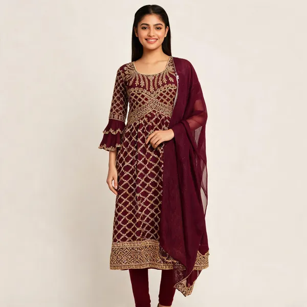 Wine_Georgette_Kurta_Set_For_Women