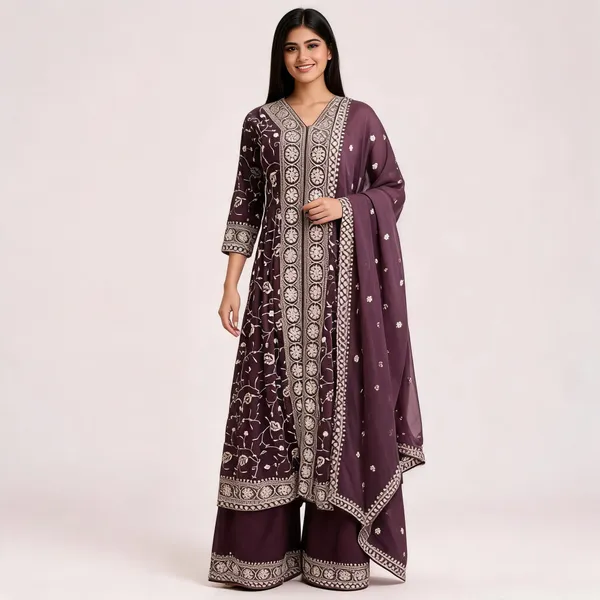 Wine_Georgette_Kurta_Set_For_Women