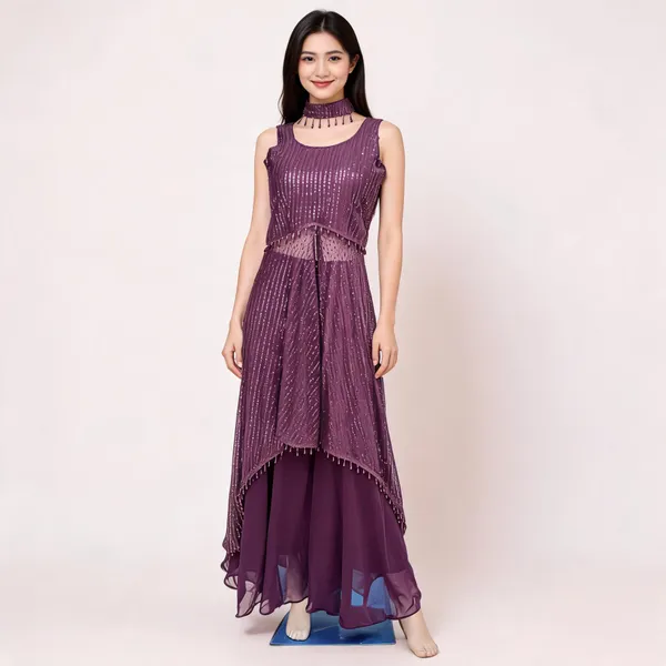Wine_Georgette_Kurta_Set_For_Women