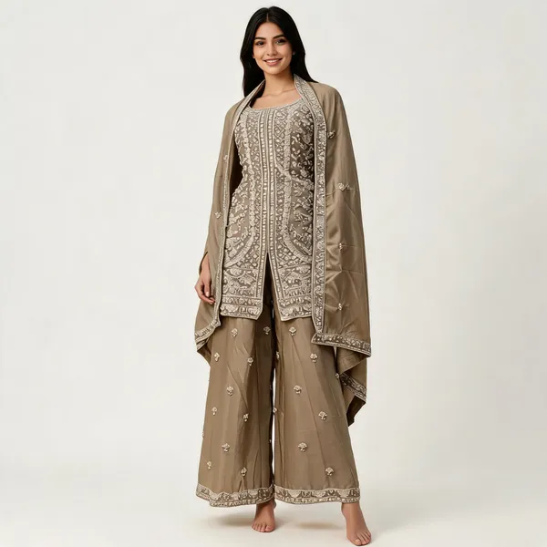 Beige_Vichitra_Kurta_Set_For_Women