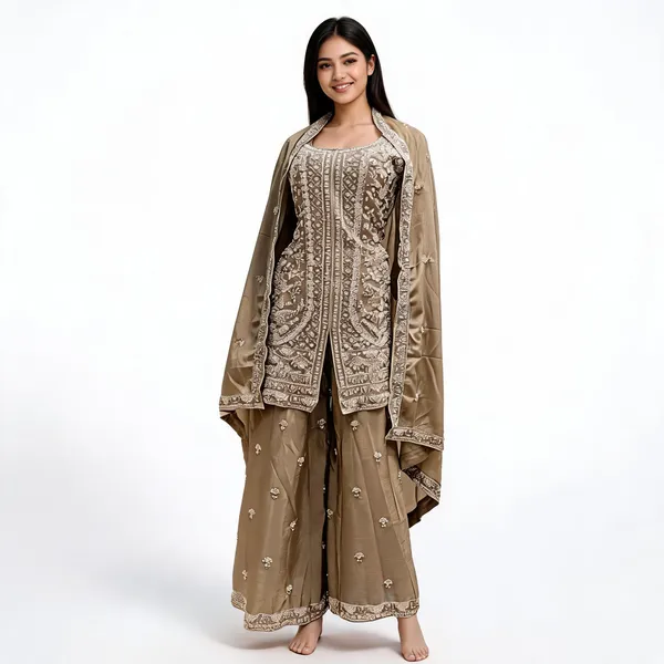 Beige_Vichitra_Kurta_Set_For_Women