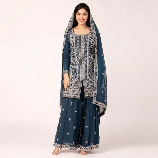 Blue_Vichitra_Kurta_Set_For_Women