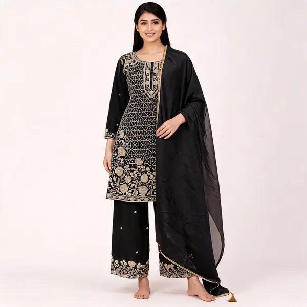 Black_Vichitra_Kurta_Set_For_Women