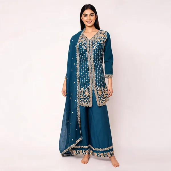 Blue_Vichitra_Kurta_Set_For_Women