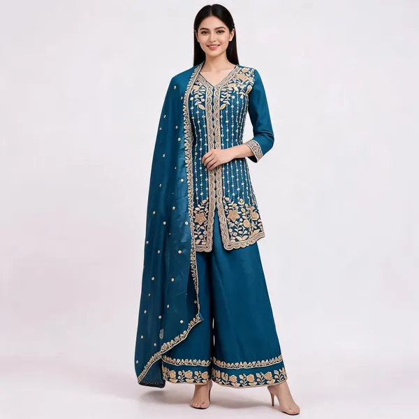 Blue_Vichitra_Kurta_Set_For_Women