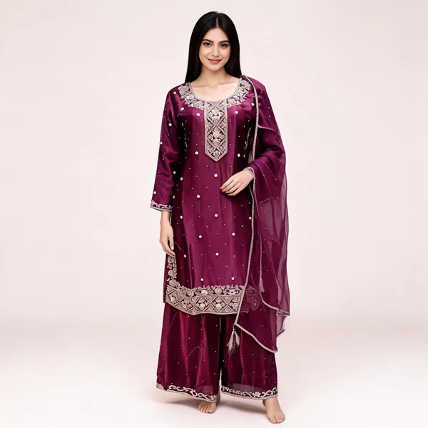 Wine_Soft_Silk_Kurta_Set_For_Women