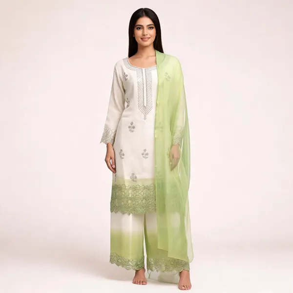 Shaded_White_&_Green_Georgette_Kurta_Set_For_Women