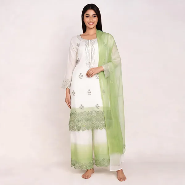 Shaded_White_&_Green_Georgette_Kurta_Set_For_Women