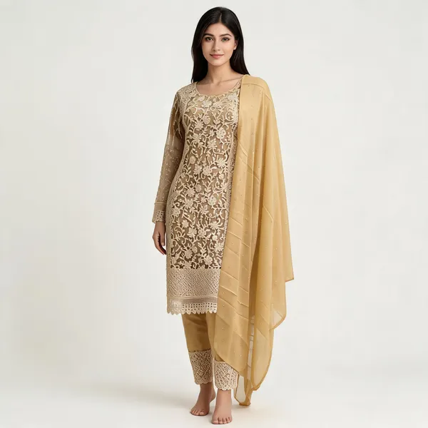 Beige_Net_Kurta_Set_For_Women