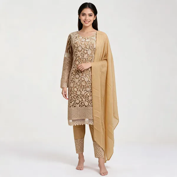 Beige_Net_Kurta_Set_For_Women