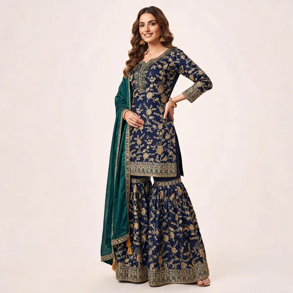 Blue_Vichitra_Kurta_Set_For_Women