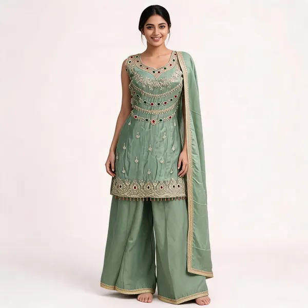 Olive_Green_Silk_Kurta_Set_For_Women