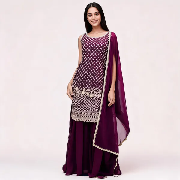 Wine_Georgette_Kurta_Set_For_Women