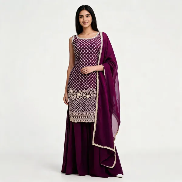 Wine_Georgette_Kurta_Set_For_Women