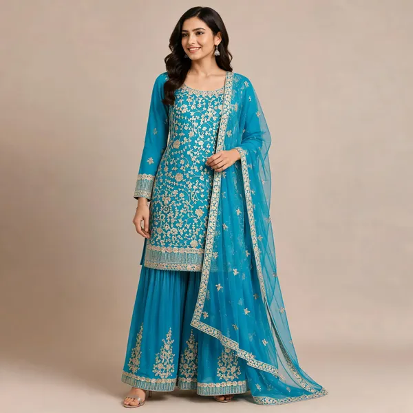 Blue_Net_Kurta_Set_For_Women
