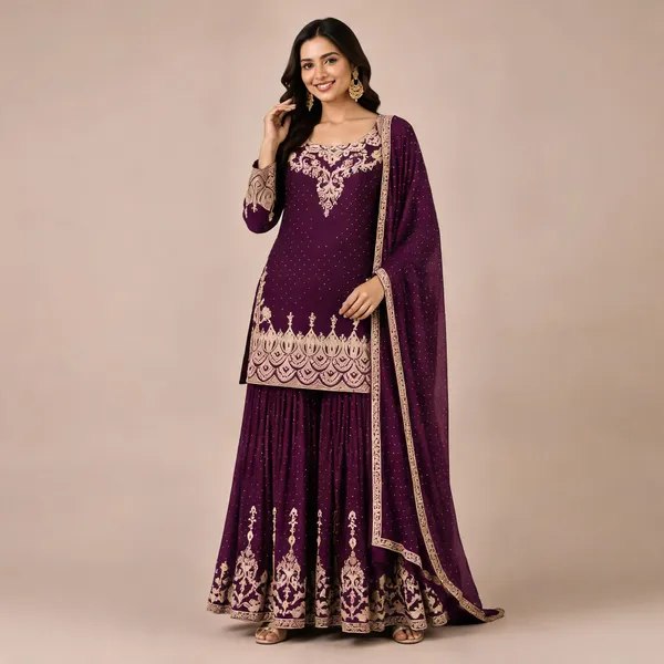 Wine_Georgette_Kurta_Set_For_Women