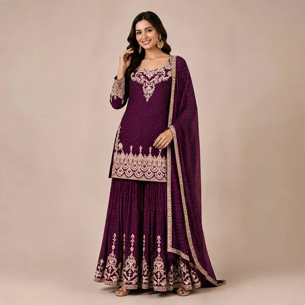 Wine_Georgette_Kurta_Set_For_Women