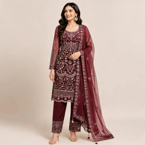 Marron_Net_Kurta_Set_For_Women