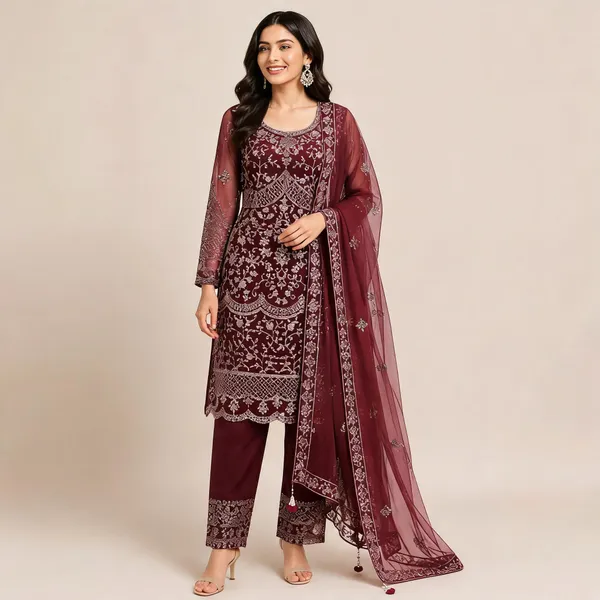 Marron_Net_Kurta_Set_For_Women