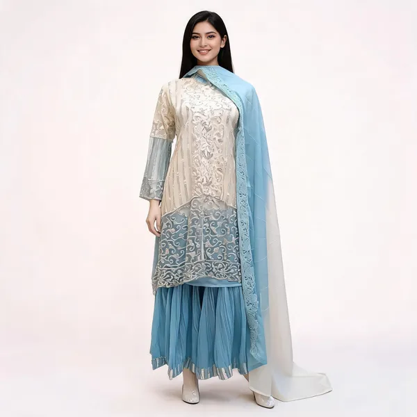 White_With_Blue_Net_Kurta_Set_For_Women