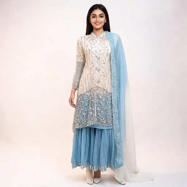 White_With_Blue_Net_Kurta_Set_For_Women