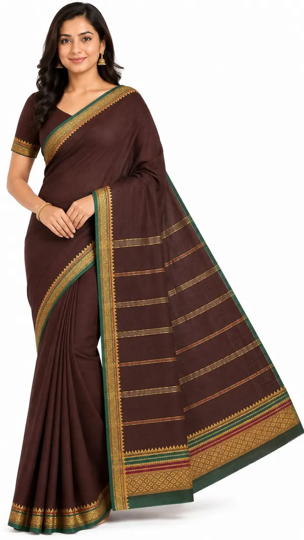 Brown_Pure_Cotton_Temple_Border_Maheshwari_Woven_Saree_For_Women