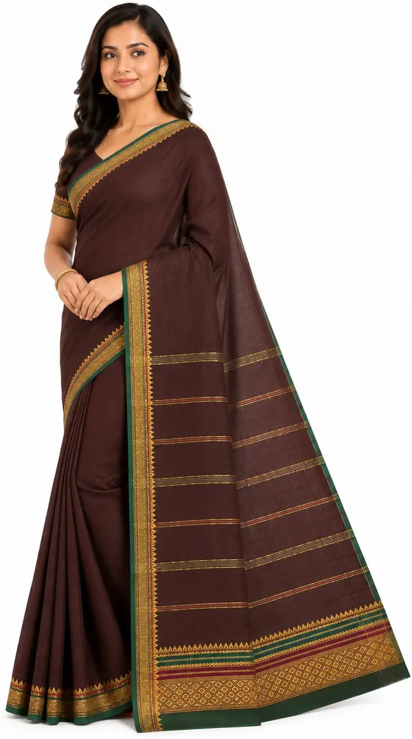 Brown_Pure_Cotton_Temple_Border_Maheshwari_Woven_Saree_For_Women