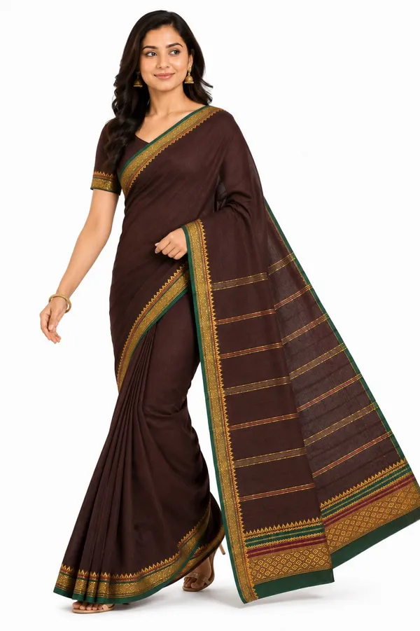 Brown_Pure_Cotton_Temple_Border_Maheshwari_Woven_Saree_For_Women