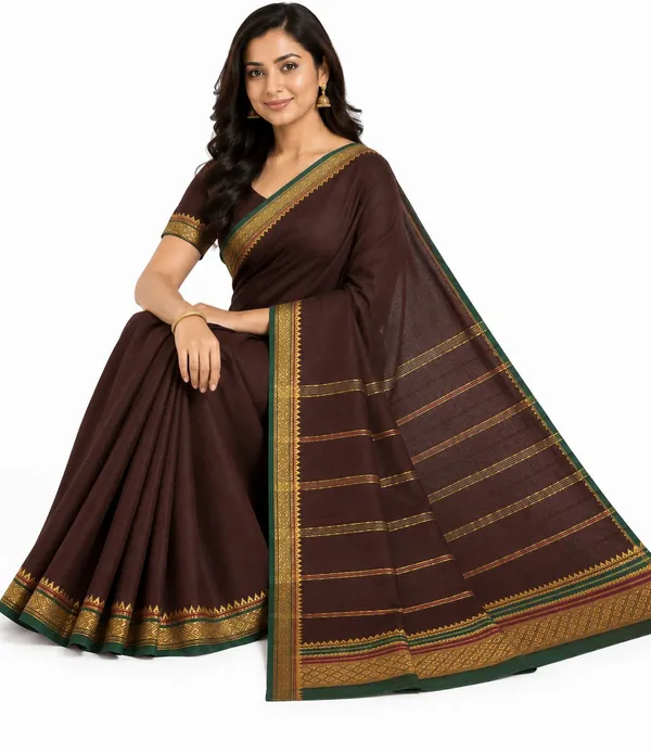 Brown_Pure_Cotton_Temple_Border_Maheshwari_Woven_Saree_For_Women