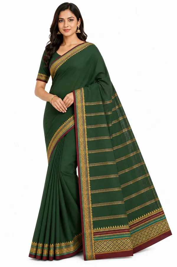 Dark_Green_Pure_Cotton_Striped_Temple_Border_Maheshwari_Saree_For_Women