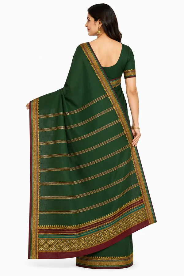 Dark_Green_Pure_Cotton_Striped_Temple_Border_Maheshwari_Saree_For_Women