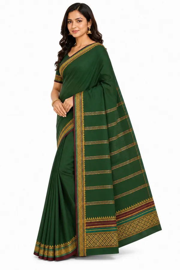 Dark_Green_Pure_Cotton_Striped_Temple_Border_Maheshwari_Saree_For_Women