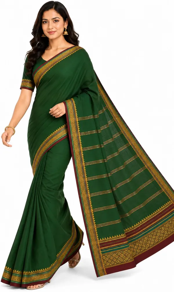 Dark_Green_Pure_Cotton_Striped_Temple_Border_Maheshwari_Saree_For_Women