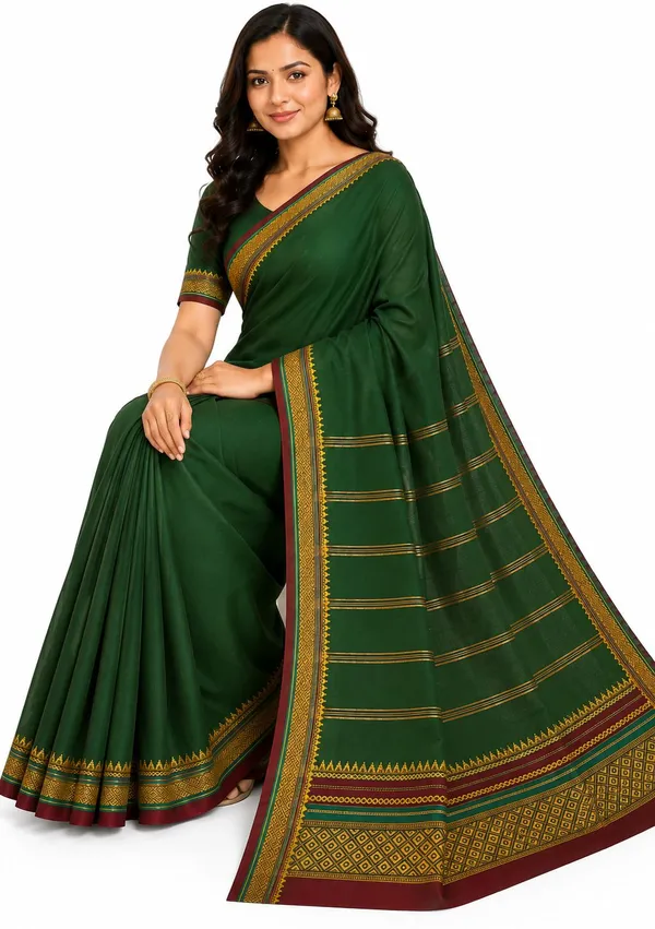 Dark_Green_Pure_Cotton_Striped_Temple_Border_Maheshwari_Saree_For_Women