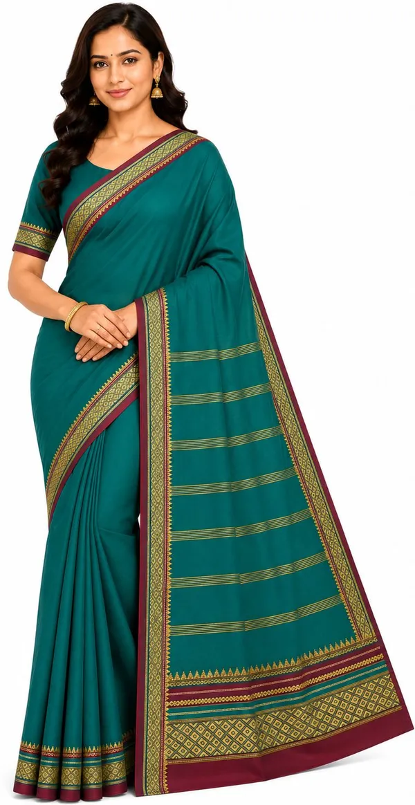 Green_Pure_Cotton_Striped_Temple_Border_Maheshwari_Saree_For_Women