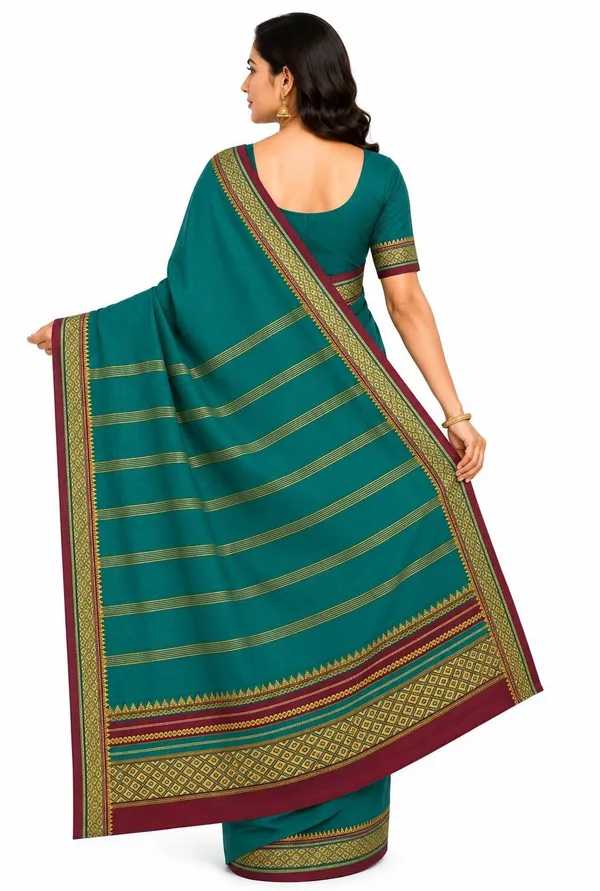 Green_Pure_Cotton_Striped_Temple_Border_Maheshwari_Saree_For_Women